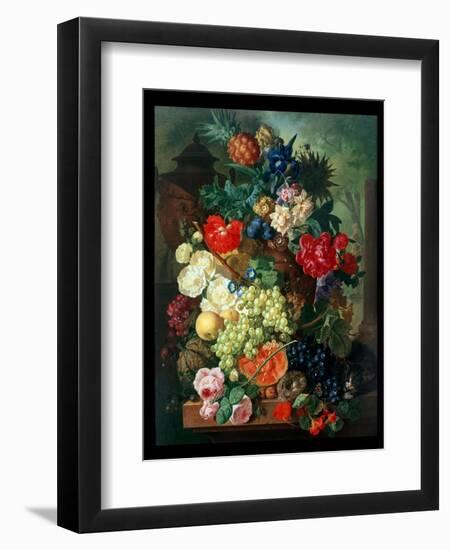 Mixed Flowers and Pineapples in an Urn with a Bird's Nest and a Cat-Jan van Os-Framed Giclee Print