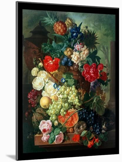 Mixed Flowers and Pineapples in an Urn with a Bird's Nest and a Cat-Jan van Os-Mounted Giclee Print