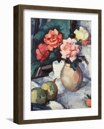 Mixed Roses in a Brown Vase with a Cup, Saucer and Apples, 1928-Samuel John Peploe-Framed Giclee Print