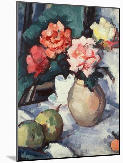 Mixed Roses in a Brown Vase with a Cup, Saucer and Apples, 1928-Samuel John Peploe-Mounted Giclee Print
