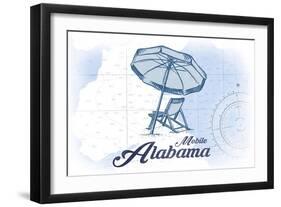 Mobile, Alabama - Beach Chair and Umbrella - Blue - Coastal Icon-Lantern Press-Framed Art Print
