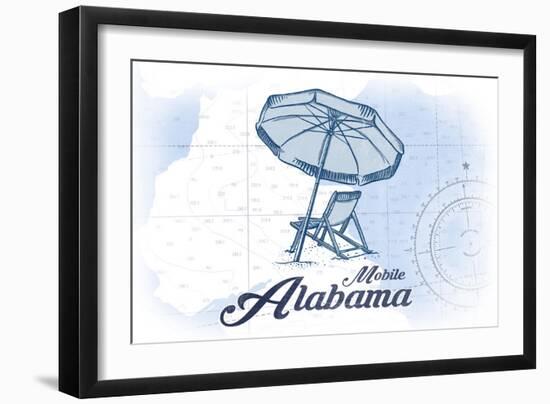 Mobile, Alabama - Beach Chair and Umbrella - Blue - Coastal Icon-Lantern Press-Framed Art Print