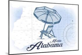 Mobile, Alabama - Beach Chair and Umbrella - Blue - Coastal Icon-Lantern Press-Mounted Art Print