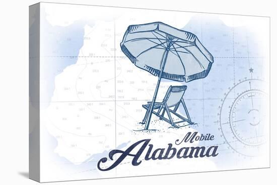 Mobile, Alabama - Beach Chair and Umbrella - Blue - Coastal Icon-Lantern Press-Stretched Canvas