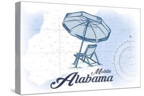 Mobile, Alabama - Beach Chair and Umbrella - Blue - Coastal Icon-Lantern Press-Stretched Canvas