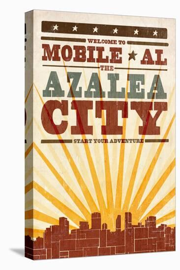 Mobile, Alabama - Skyline and Sunburst Screenprint Style-Lantern Press-Stretched Canvas