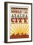 Mobile, Alabama - Skyline and Sunburst Screenprint Style-Lantern Press-Framed Art Print