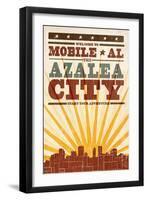 Mobile, Alabama - Skyline and Sunburst Screenprint Style-Lantern Press-Framed Art Print