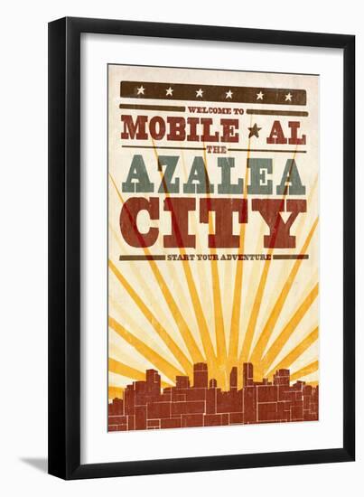 Mobile, Alabama - Skyline and Sunburst Screenprint Style-Lantern Press-Framed Art Print