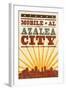 Mobile, Alabama - Skyline and Sunburst Screenprint Style-Lantern Press-Framed Art Print