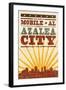 Mobile, Alabama - Skyline and Sunburst Screenprint Style-Lantern Press-Framed Art Print