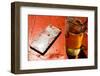 Mobile phone on a beer table-Christine Meder stage-art.de-Framed Photographic Print