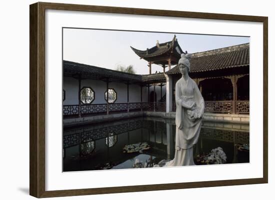 Mochou Lake, Water Garden with Water Lilies and a Statue of Mochou in Nanking or Nanjing, China-null-Framed Giclee Print