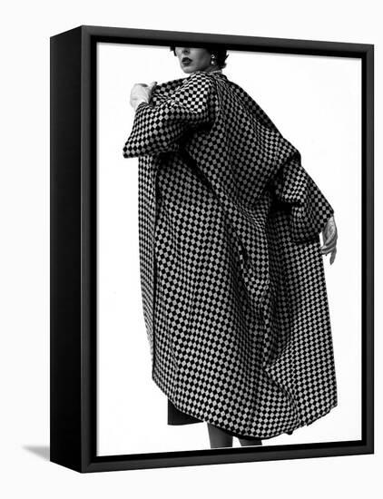 Model Dorian Leigh Wearing Harlequin Check Pattern in Tweed Coat by Trigere-Gjon Mili-Framed Stretched Canvas