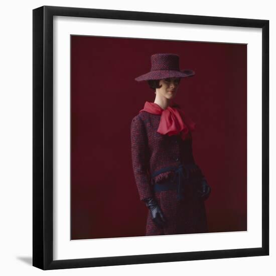 Model Dressed in a Matching Tweed Hat, Jacket, and Skirt by Yves St Laurent, Paris, France, 1962-Paul Schutzer-Framed Photographic Print