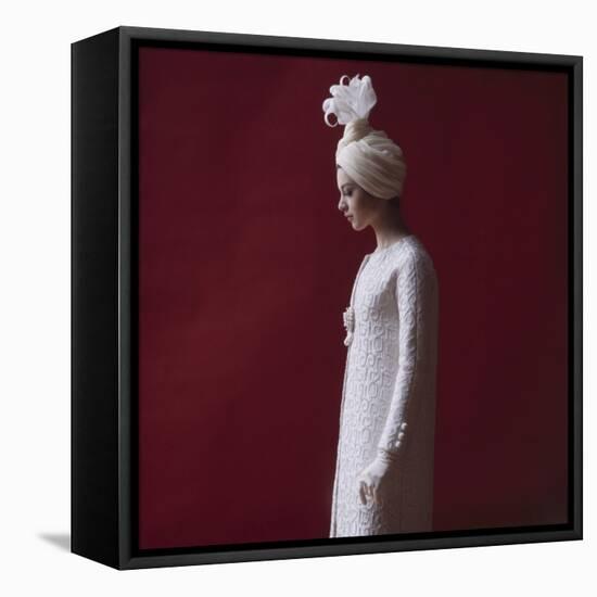 Model Dressed in a White Turban, Gloves, and Brocade Coat by Yves St Laurent, Paris, France, 1962-Paul Schutzer-Framed Stretched Canvas