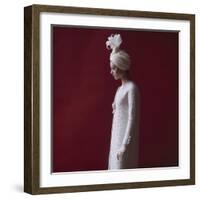 Model Dressed in a White Turban, Gloves, and Brocade Coat by Yves St Laurent, Paris, France, 1962-Paul Schutzer-Framed Photographic Print