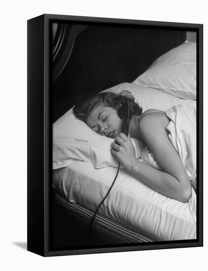 Model Gaby Bouche Talking on the Phone from Her Hotel Room-Nina Leen-Framed Stretched Canvas