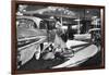 Model Gingerly Traversing Stepping Stones to Get to La Parisienne Pontiac Hard Top Car on Display-Walter Sanders-Framed Photographic Print