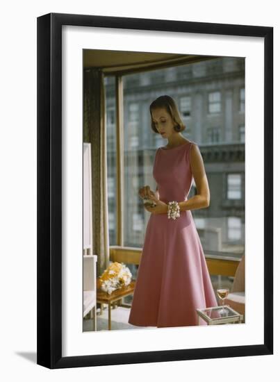 Model in a Pink, Trigere-Designed Cocktail Dress, New York, New York, 1954-Nina Leen-Framed Photographic Print