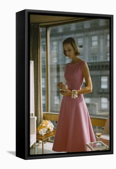 Model in a Pink, Trigere-Designed Cocktail Dress, New York, New York, 1954-Nina Leen-Framed Stretched Canvas