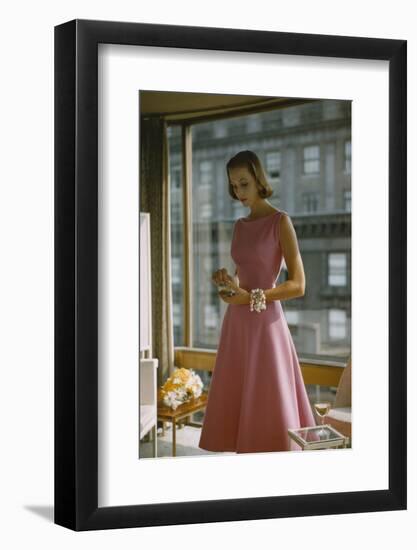 Model in a Pink, Trigere-Designed Cocktail Dress, New York, New York, 1954-Nina Leen-Framed Photographic Print