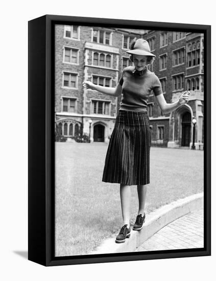 Model in Hat, Sweater and Skirt, Appearing to Balance on Curb, c.1938-Alfred Eisenstaedt-Framed Stretched Canvas