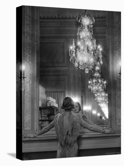 Model in Ostrich Feather Trimmed Gown Pausing to Regard Herself in Grand Mirror of Molyneux Atelier-Alfred Eisenstaedt-Stretched Canvas
