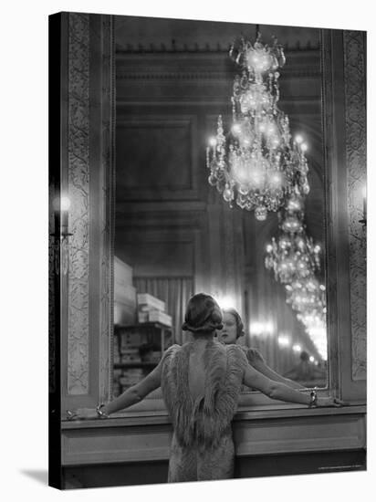 Model in Ostrich Feather Trimmed Gown Pausing to Regard Herself in Grand Mirror of Molyneux Atelier-Alfred Eisenstaedt-Stretched Canvas