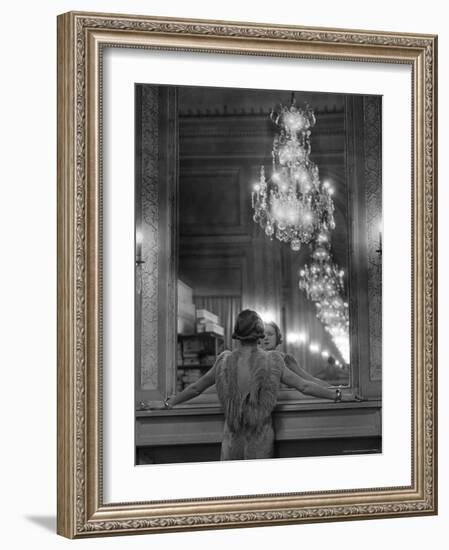 Model in Ostrich Feather Trimmed Gown Pausing to Regard Herself in Grand Mirror of Molyneux Atelier-Alfred Eisenstaedt-Framed Photographic Print