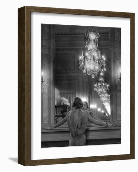 Model in Ostrich Feather Trimmed Gown Pausing to Regard Herself in Grand Mirror of Molyneux Atelier-Alfred Eisenstaedt-Framed Photographic Print