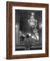 Model in Ostrich Feather Trimmed Gown Pausing to Regard Herself in Grand Mirror of Molyneux Atelier-Alfred Eisenstaedt-Framed Photographic Print