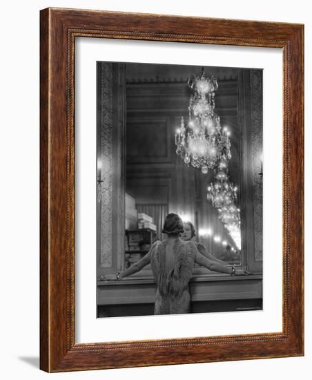 Model in Ostrich Feather Trimmed Gown Pausing to Regard Herself in Grand Mirror of Molyneux Atelier-Alfred Eisenstaedt-Framed Photographic Print