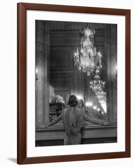 Model in Ostrich Feather Trimmed Gown Pausing to Regard Herself in Grand Mirror of Molyneux Atelier-Alfred Eisenstaedt-Framed Photographic Print