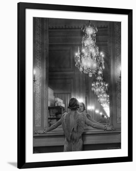Model in Ostrich Feather Trimmed Gown Pausing to Regard Herself in Grand Mirror of Molyneux Atelier-Alfred Eisenstaedt-Framed Photographic Print