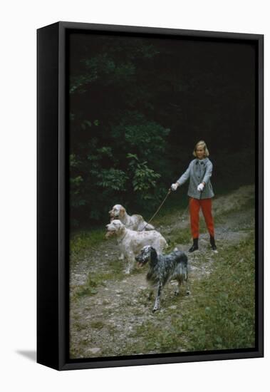 Model in Tom Brigance-Designed Outfit, Walks a Trio of Dogs Along a Path, New York, New York, 1954-Nina Leen-Framed Stretched Canvas