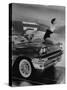 Model Jean Littleton in Swimsuit, Posing as Hood Ornament on the Front of a New de Soto Convertible-Walter Sanders-Stretched Canvas