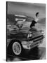 Model Jean Littleton in Swimsuit, Posing as Hood Ornament on the Front of a New de Soto Convertible-Walter Sanders-Stretched Canvas