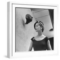 Model Jean Patchett Modeling Huge Woolworth Earrings, Pearls, and Rhinestone Clips-Nina Leen-Framed Photographic Print