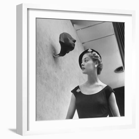 Model Jean Patchett Modeling Huge Woolworth Earrings, Pearls, and Rhinestone Clips-Nina Leen-Framed Photographic Print