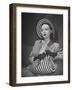 Model Michele Fallon Wearing John Frederics Striped Straw Hat with Matching Handbag-Nina Leen-Framed Photographic Print