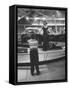 Model Posing Beside Cadillac Eldorado Captures Attention of Young Boy at National Automobile Show-Walter Sanders-Framed Stretched Canvas