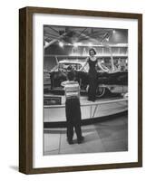 Model Posing Beside Cadillac Eldorado Captures Attention of Young Boy at National Automobile Show-Walter Sanders-Framed Photographic Print