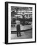 Model Posing Beside Cadillac Eldorado Captures Attention of Young Boy at National Automobile Show-Walter Sanders-Framed Photographic Print