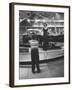 Model Posing Beside Cadillac Eldorado Captures Attention of Young Boy at National Automobile Show-Walter Sanders-Framed Photographic Print