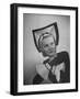 Model Selene Mahri Wearing Hattie Carnegie Fluted "Abbess" Hat with Matching Cuffed Gloves-Nina Leen-Framed Photographic Print