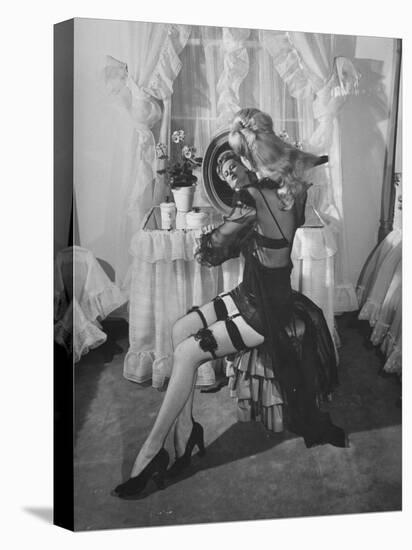 Model Shows Off Latest Wide Mesh Black Cotton Stockings with Round Garters-Peter Stackpole-Stretched Canvas