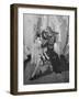 Model Shows Off Latest Wide Mesh Black Cotton Stockings with Round Garters-Peter Stackpole-Framed Photographic Print