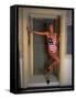 Model Standing in Doorway Modeling Ralph Lauren's Cotton and Lycra One Piece Flag Bathing Suit-Ted Thai-Framed Stretched Canvas