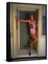 Model Standing in Doorway Modeling Ralph Lauren's Cotton and Lycra One Piece Flag Bathing Suit-Ted Thai-Framed Stretched Canvas